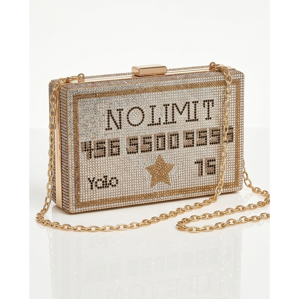 No Limit Rhinestone Credit Card Clutch Bag Gold Silver YOLO Star Purse 7"x5" NEW